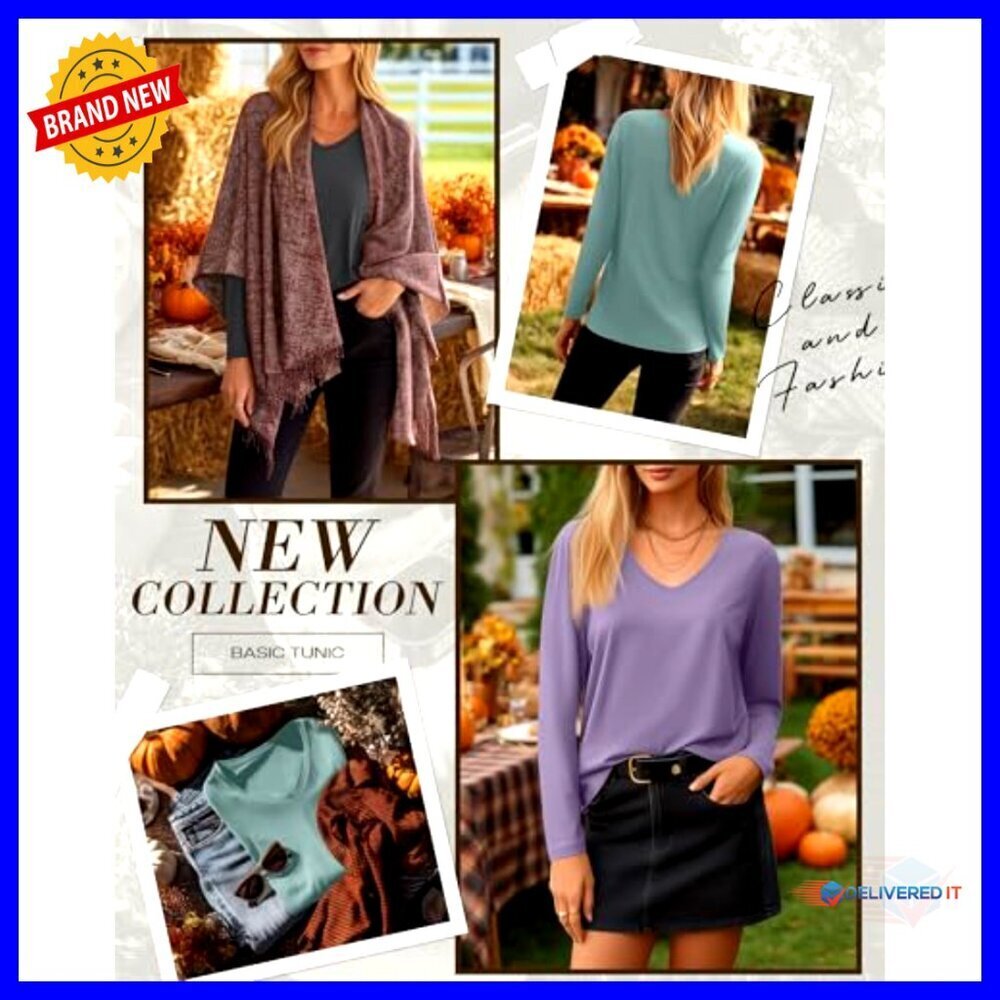 Long Sleeve V Neck Tops Loose Fit Casual Minimal Chic Fall Basic Tees - Picture 2 of 7